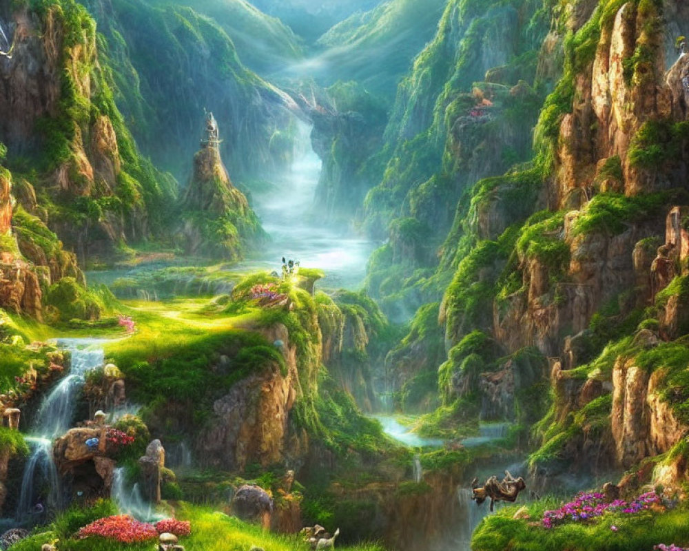 Fantasy landscape with waterfalls, rivers, cliffs, wildlife, and flora
