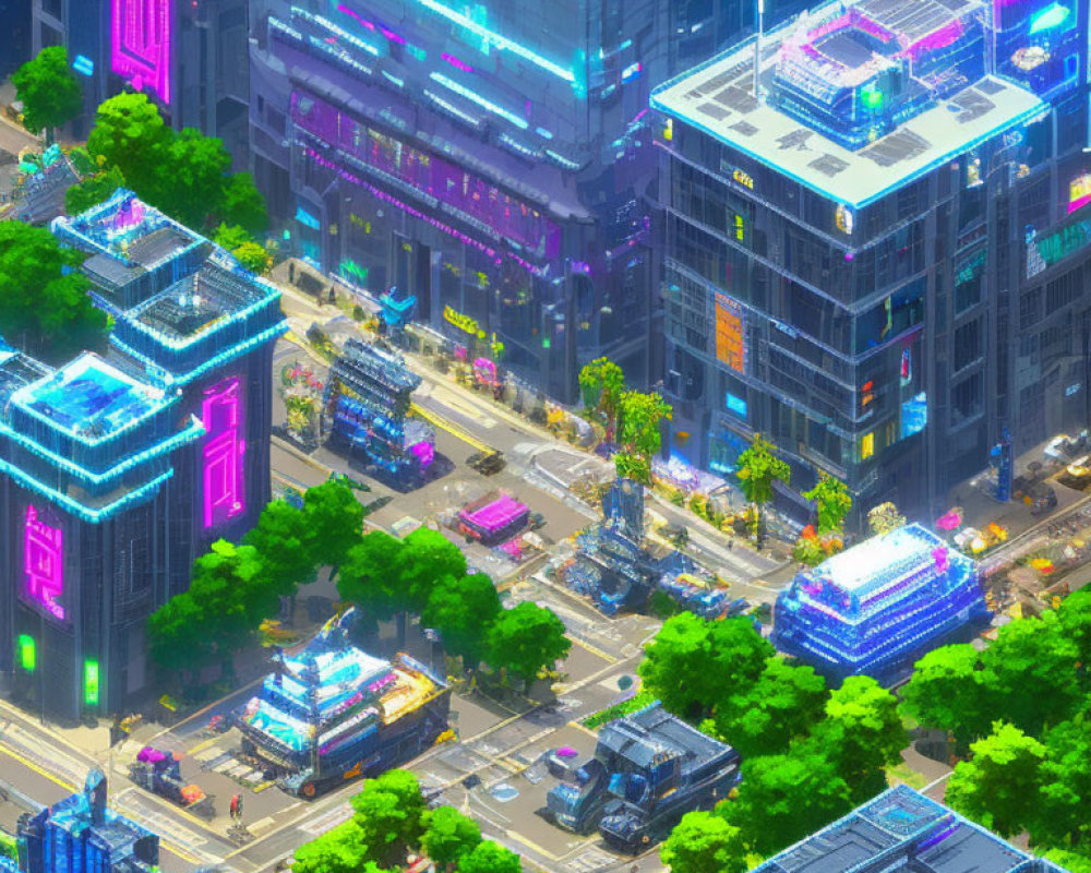 Futuristic daytime cityscape with neon-lit high-rises and lush greenery