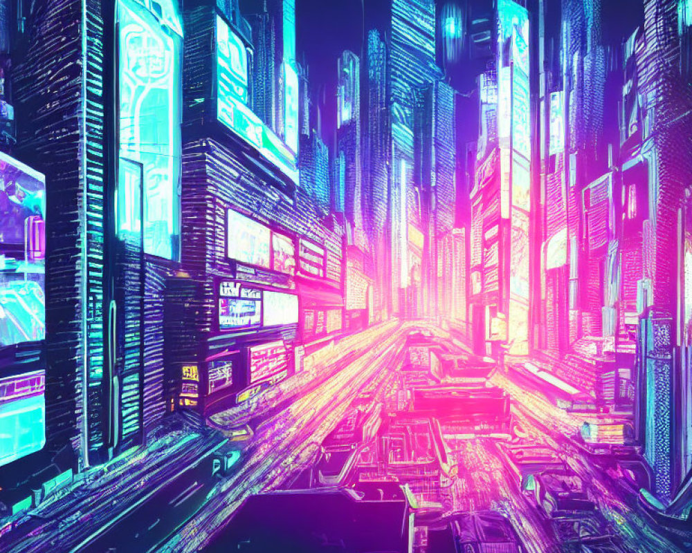 Futuristic cityscape with neon signs and skyscrapers in blue and purple tones