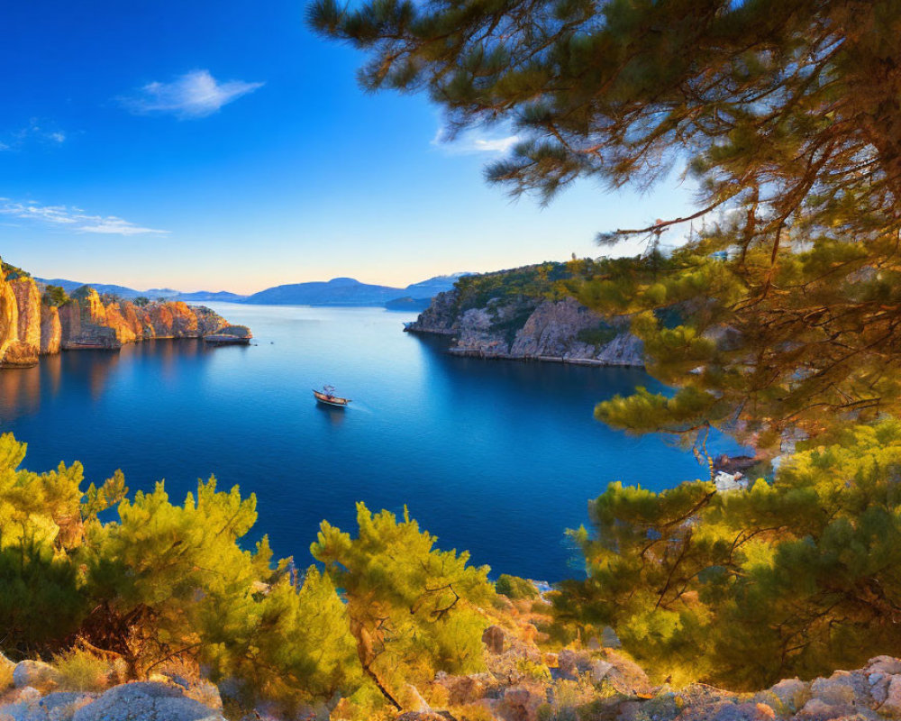 Tranquil seaside scene with boat, cliffs, pine trees, and blue sky