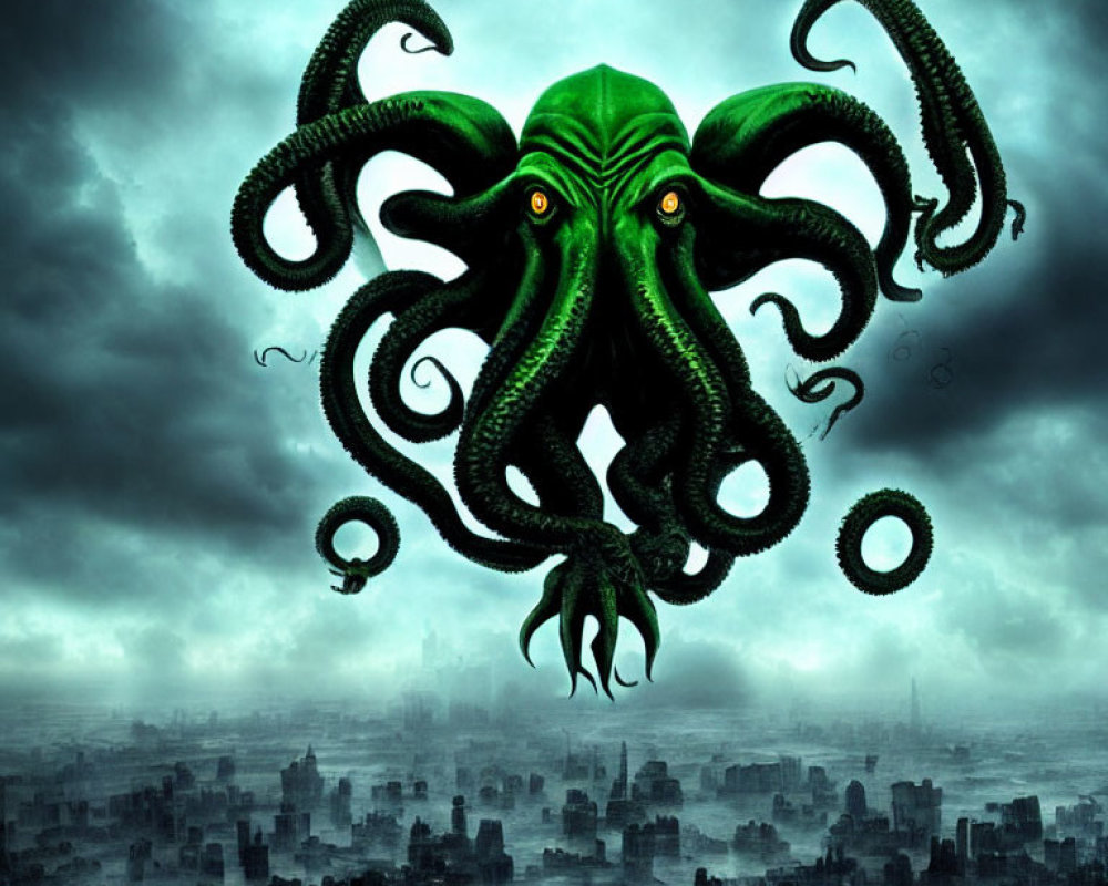 Gloomy cityscape with large green octopus creature