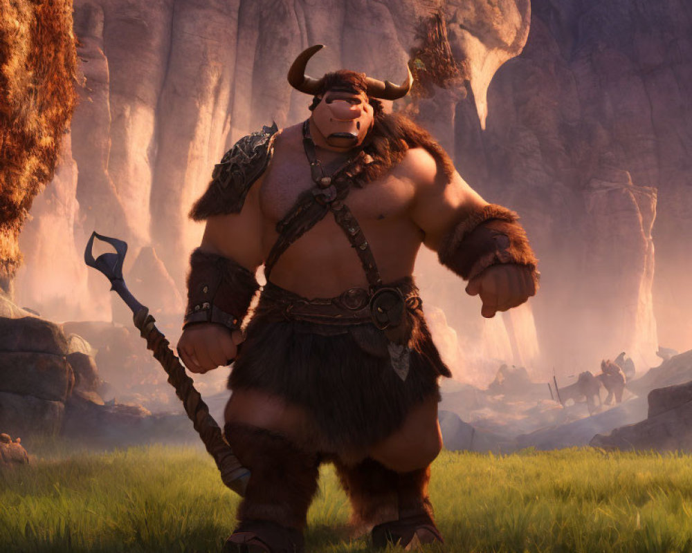 Muscular animated minotaur character with staff in grassy field.