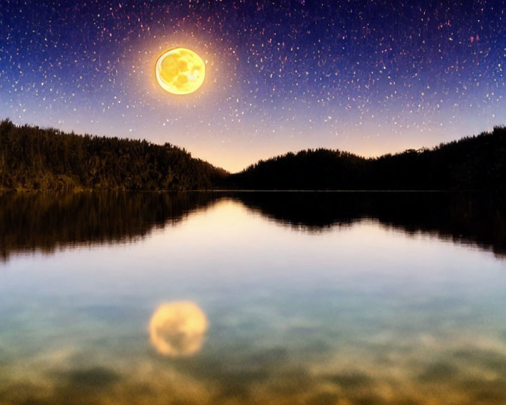 Full Moon Night Landscape: Tranquil Forest Lake Reflections