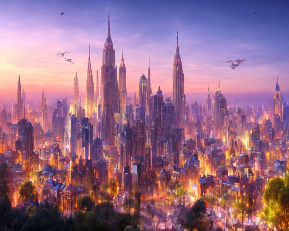 Futuristic cityscape at dawn with skyscrapers and flying vehicles