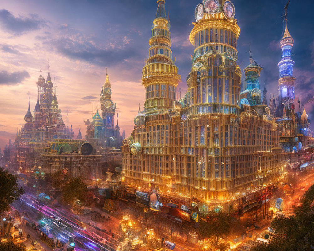 Fantastical cityscape at dusk with elaborate towers and magical sky