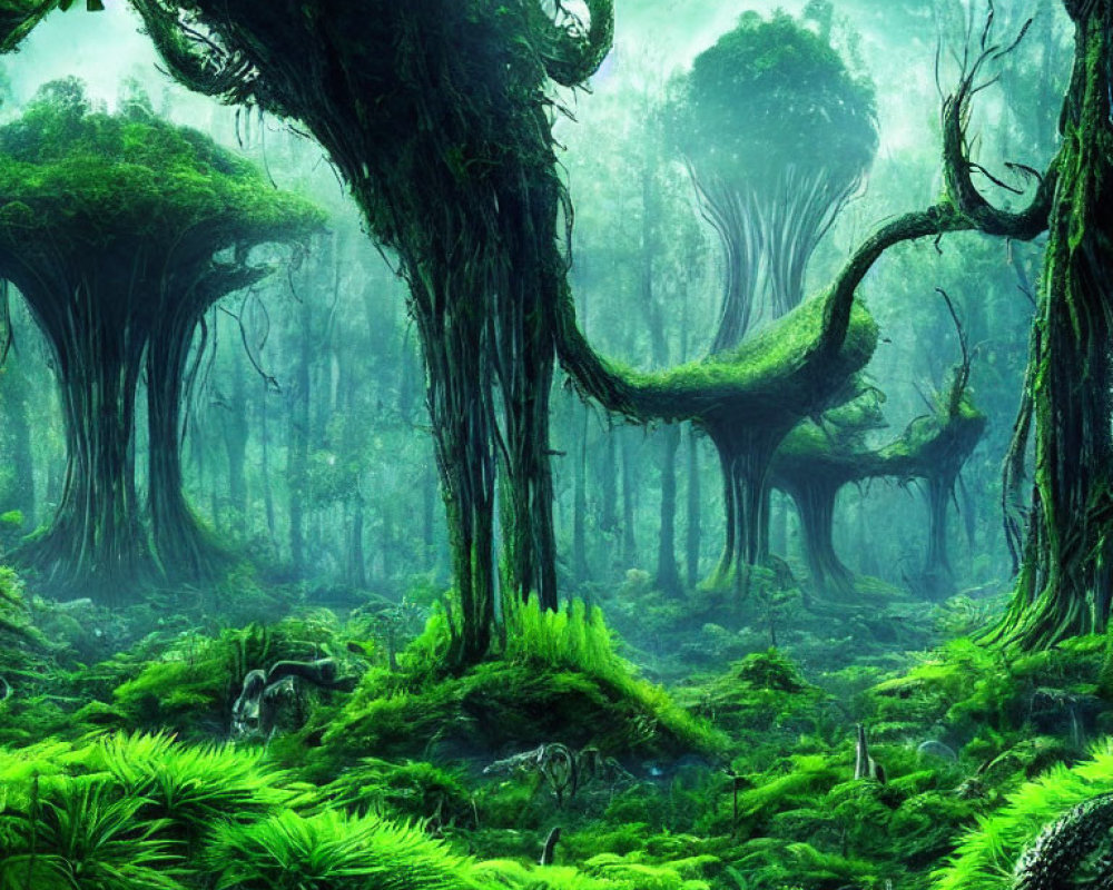 Moss-covered trees in misty green forest