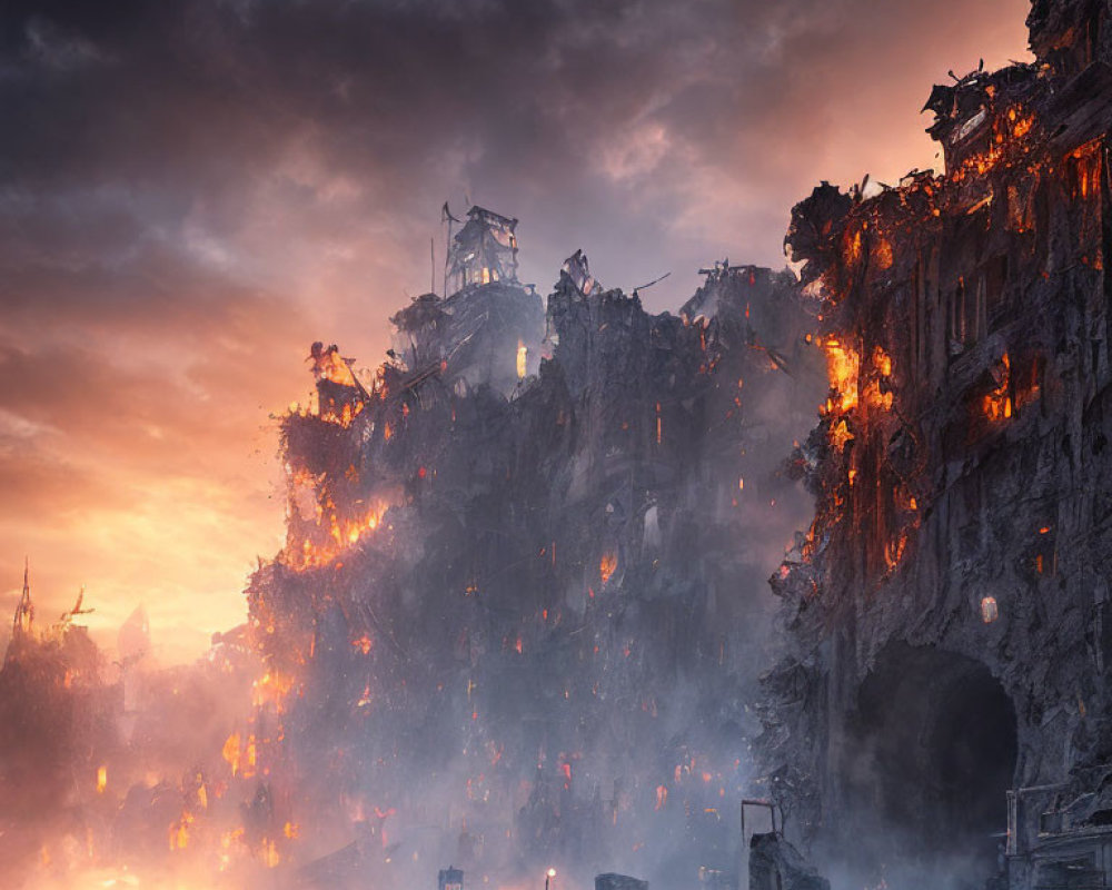 Dystopian ruin with crumbling buildings engulfed in flames at dusk