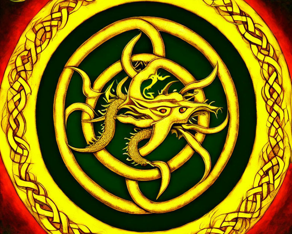 Circular dragon emblem with Celtic knot patterns in gold and red on green background