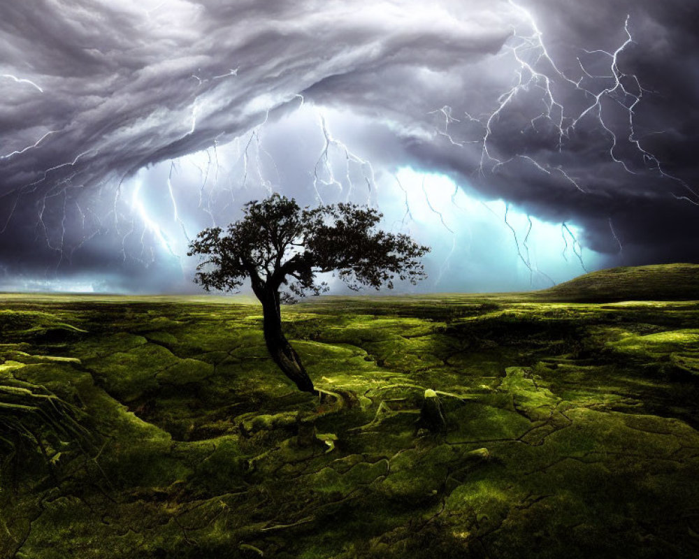 Lone tree in mossy field under stormy sky with lightning strikes