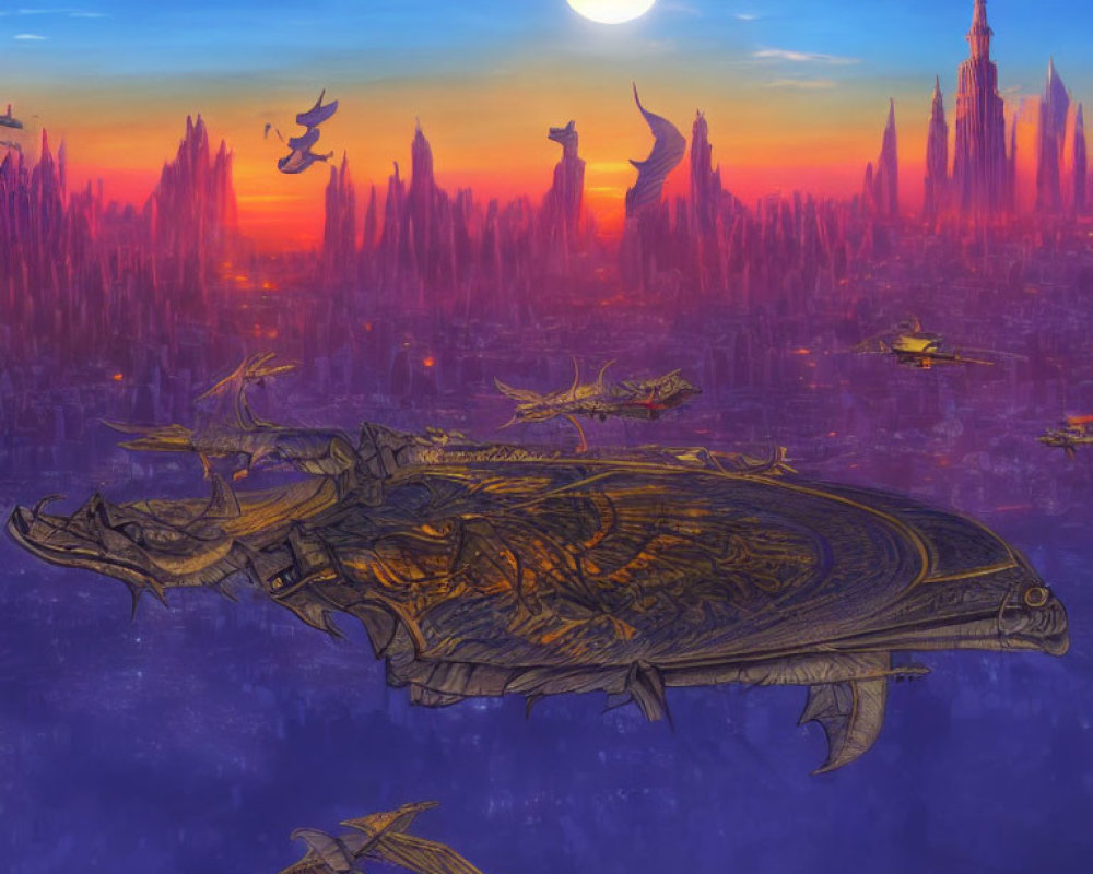 Fantastical sunset cityscape with spires, airships, and flying creatures