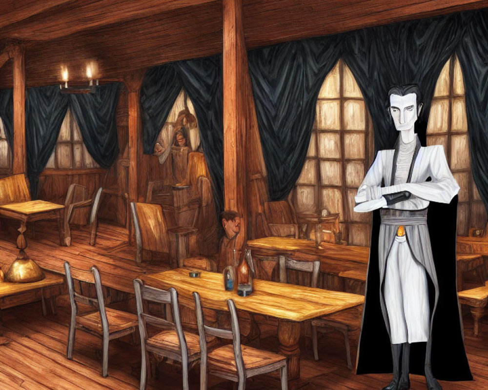 Old Tavern Interior Illustration: Wooden Furniture, Barkeep Cleaning Glass, Patrons at Table, Warm