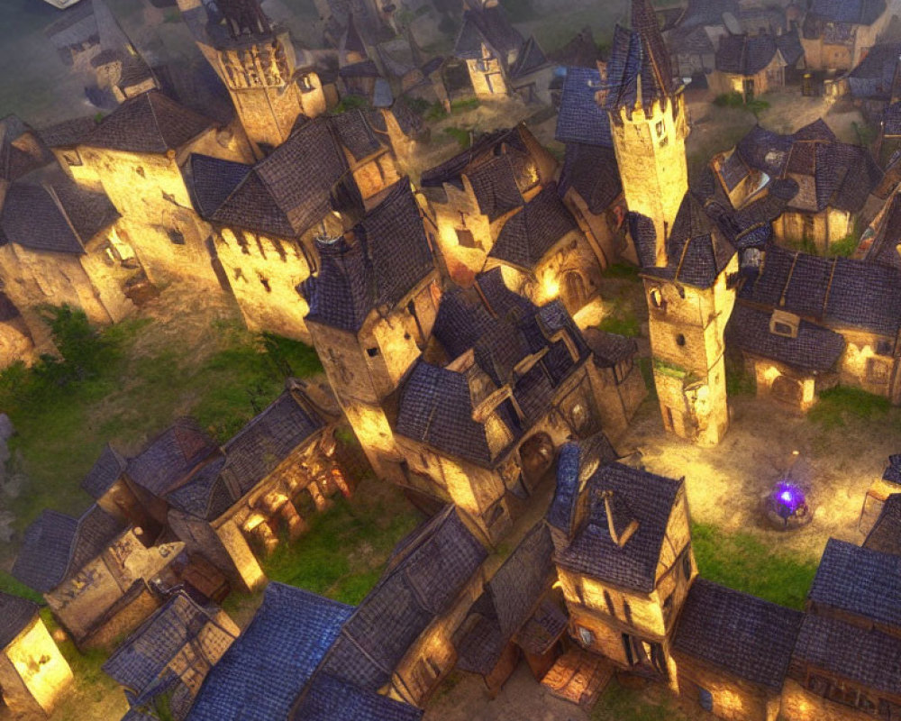 Digital artwork: Medieval fantasy village at dusk with stone houses and cobblestone streets