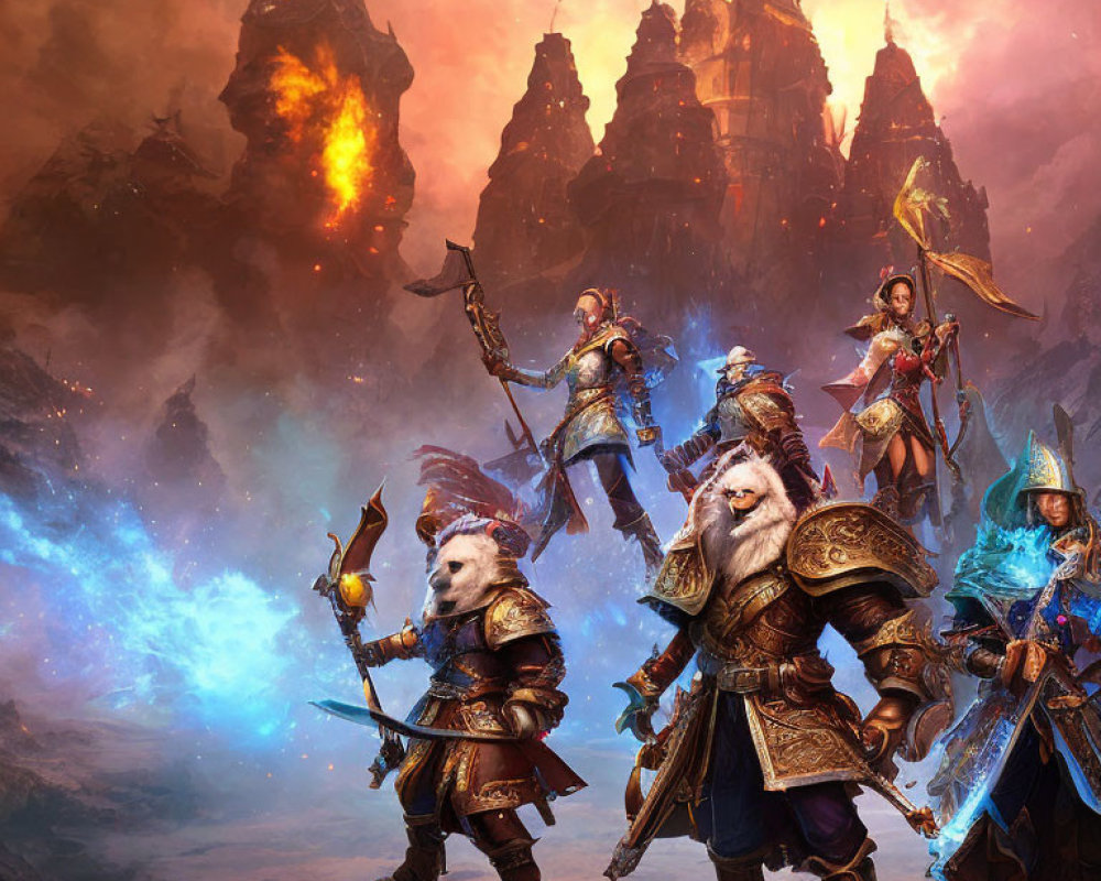Fantasy Artwork: Armored Dwarves in Battle with Fiery Castle