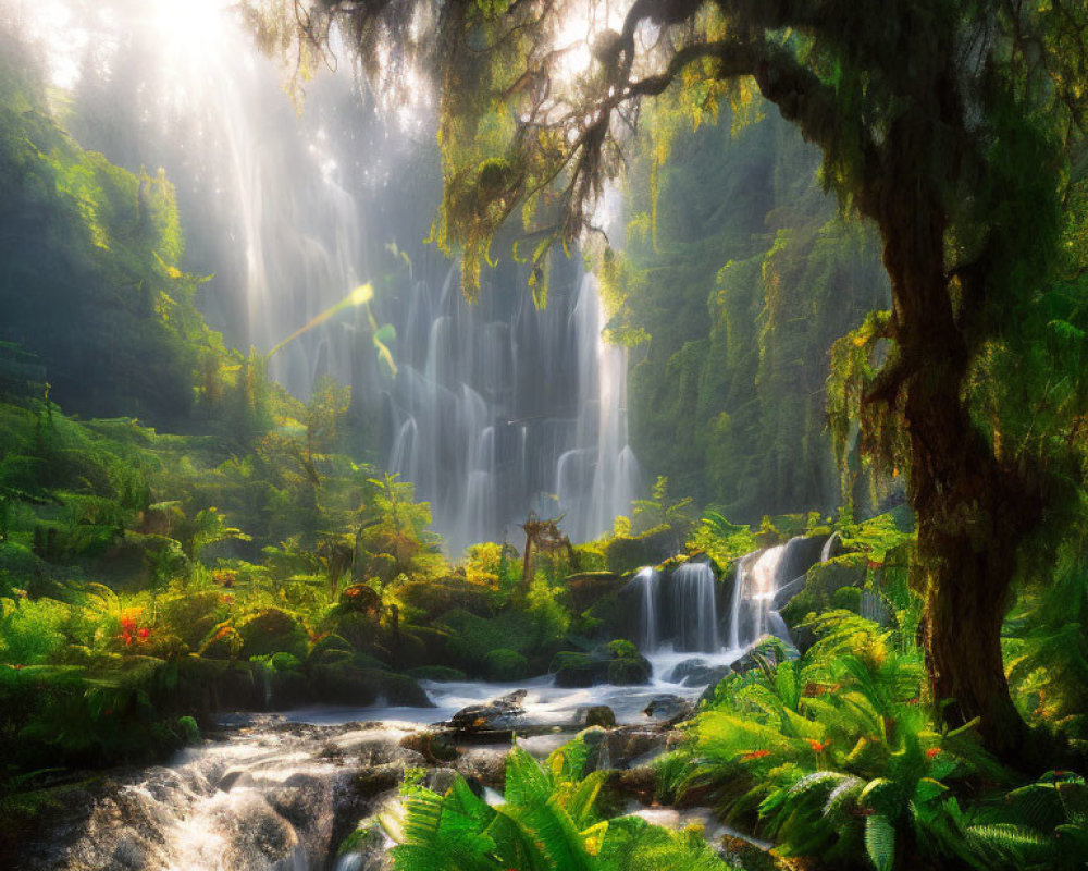 Lush forest landscape with waterfall, sunlight, and stream