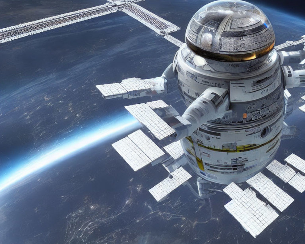 Futuristic space station with extended solar panels orbiting Earth