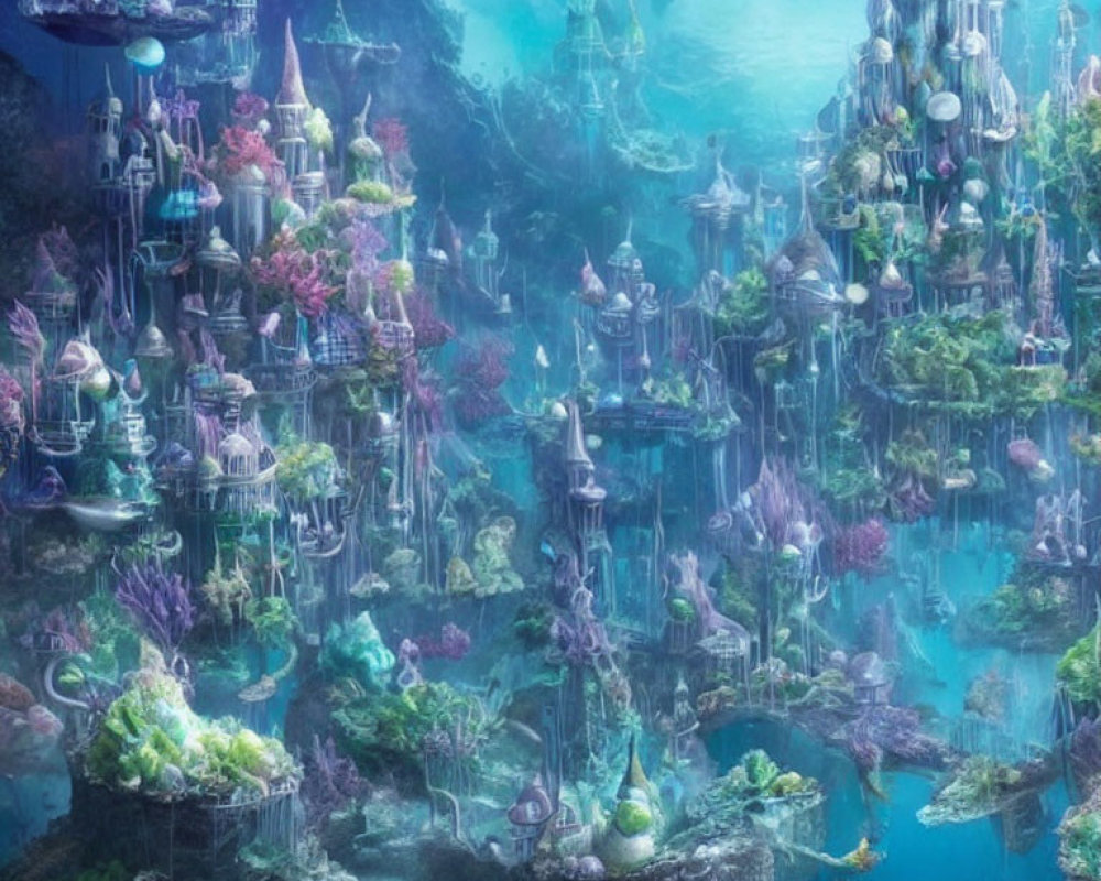 Ethereal Underwater City with Intricate Structures and Vibrant Marine Flora