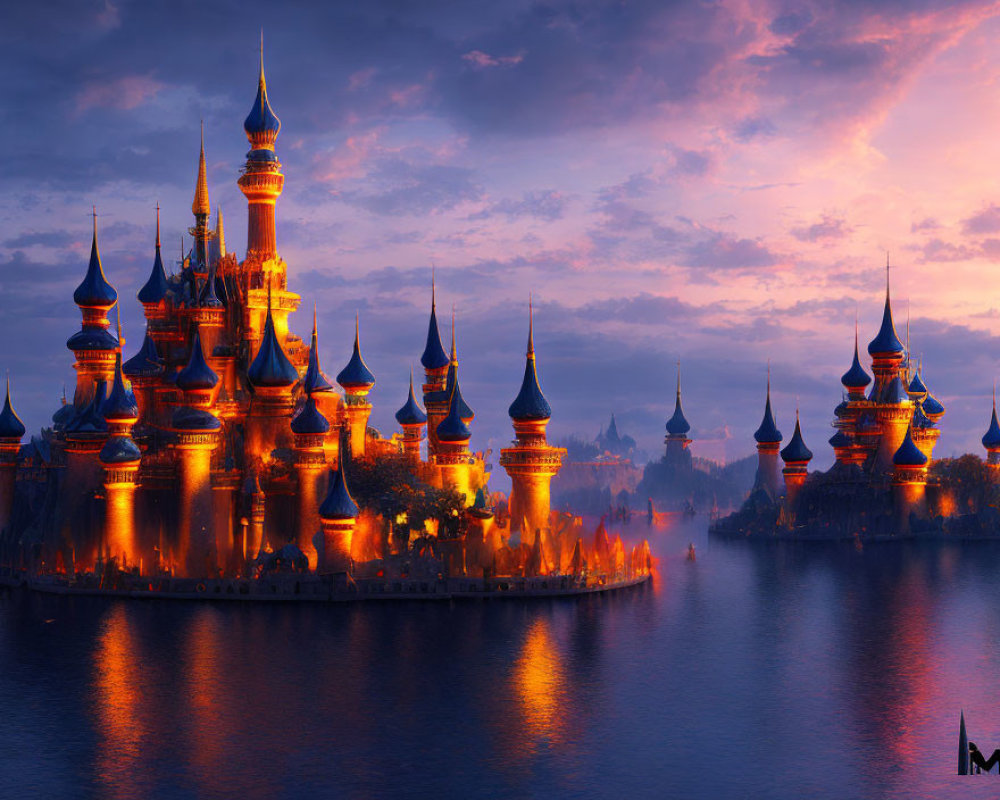 Majestic castle with golden-lit spires reflecting in tranquil water at dusk