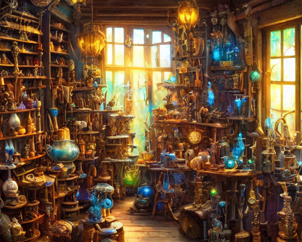 Cluttered wizard's workshop with potions, books, and artifacts.