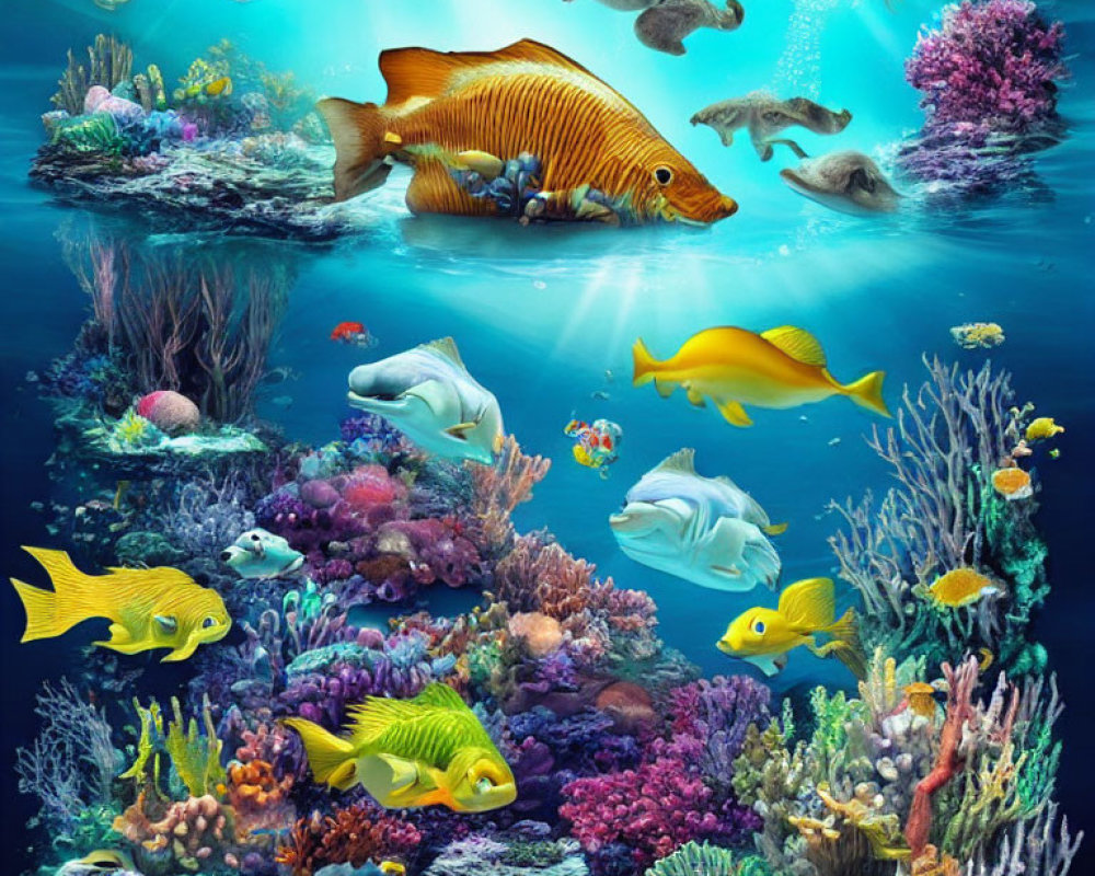 Colorful Coral Reefs and Diverse Fish in Vibrant Underwater Scene