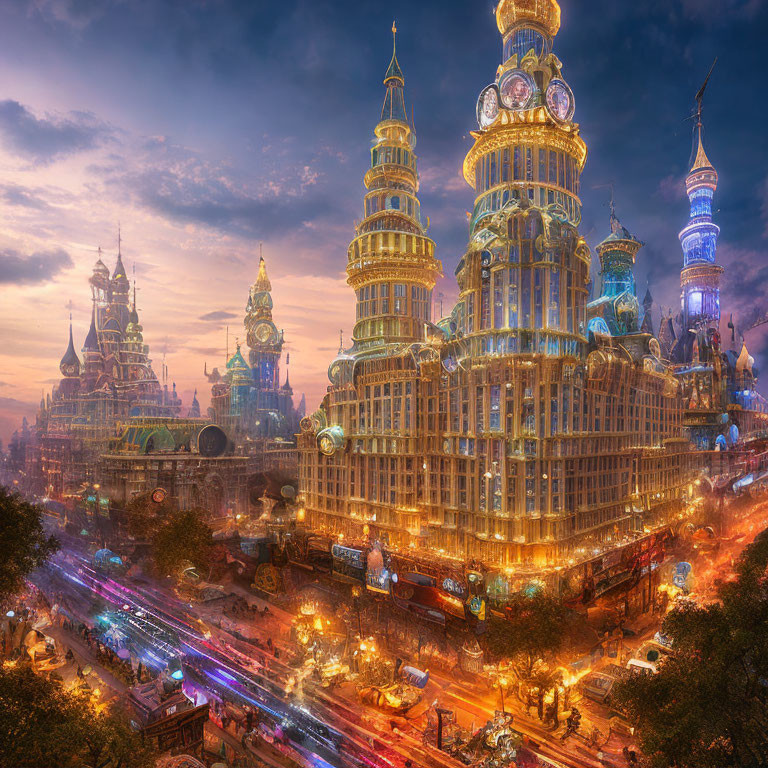 Fantastical cityscape at dusk with elaborate towers and magical sky