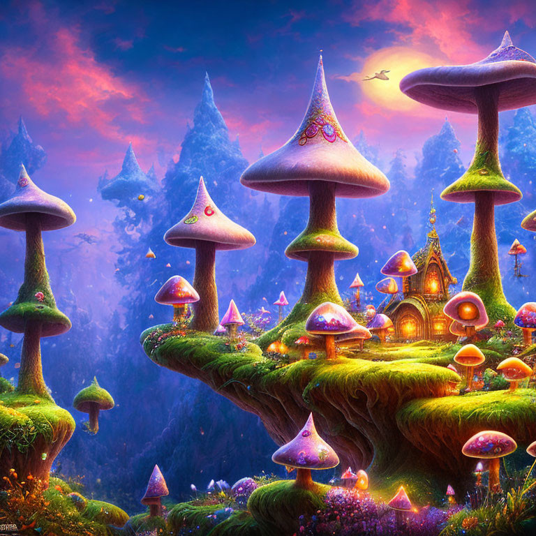 Vibrant ethereal forest with oversized mushroom trees and houses at dusk