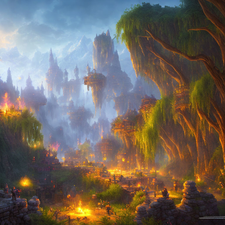 Mystical fantasy landscape with towering rock formations and illuminated ancient village