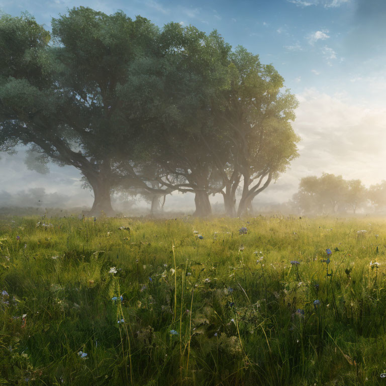 Serene misty morning scene in lush meadow with vibrant wildflowers