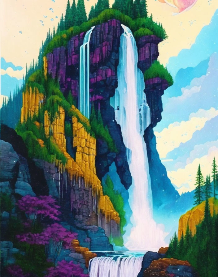Majestic waterfall surrounded by lush greenery and colorful foliage