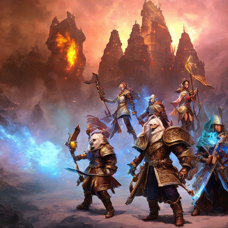 Fantasy Artwork: Armored Dwarves in Battle with Fiery Castle
