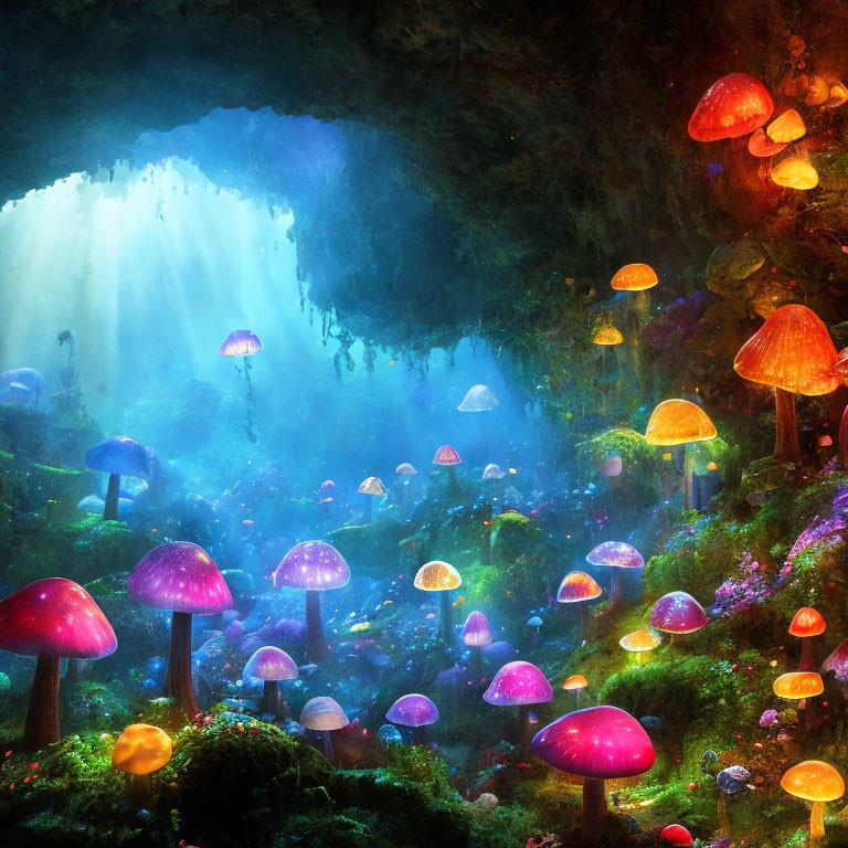 Colorful luminescent mushrooms in mystical forest cave opening