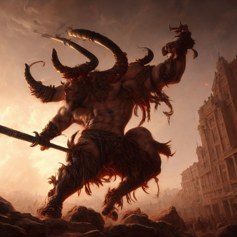 Muscular Minotaur with Spear in Apocalyptic Landscape