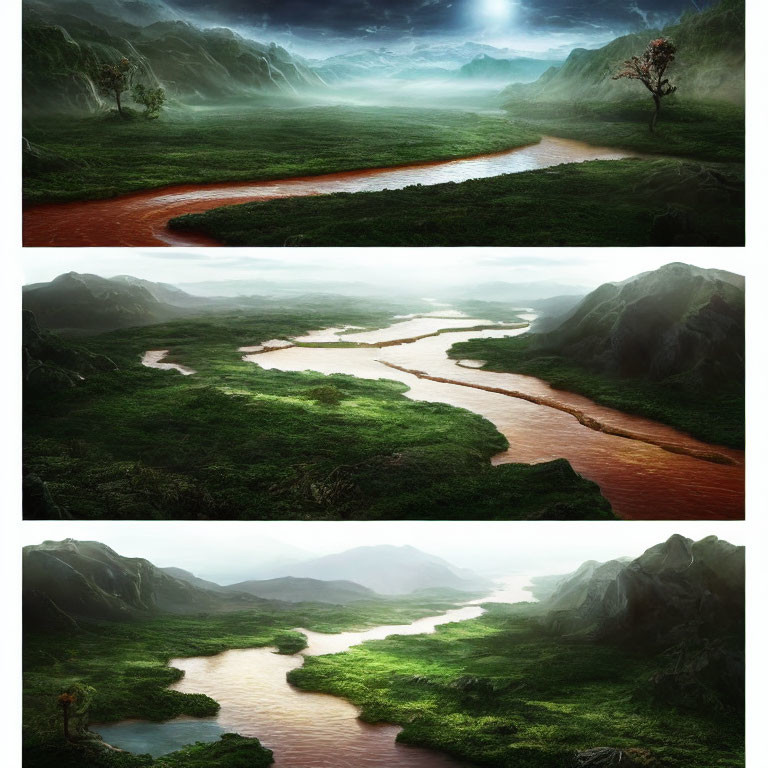 Three images: winding river in lush landscape from dawn to dusk