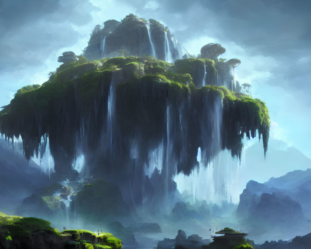 Majestic floating island with waterfalls, lush greenery, and ancient trees