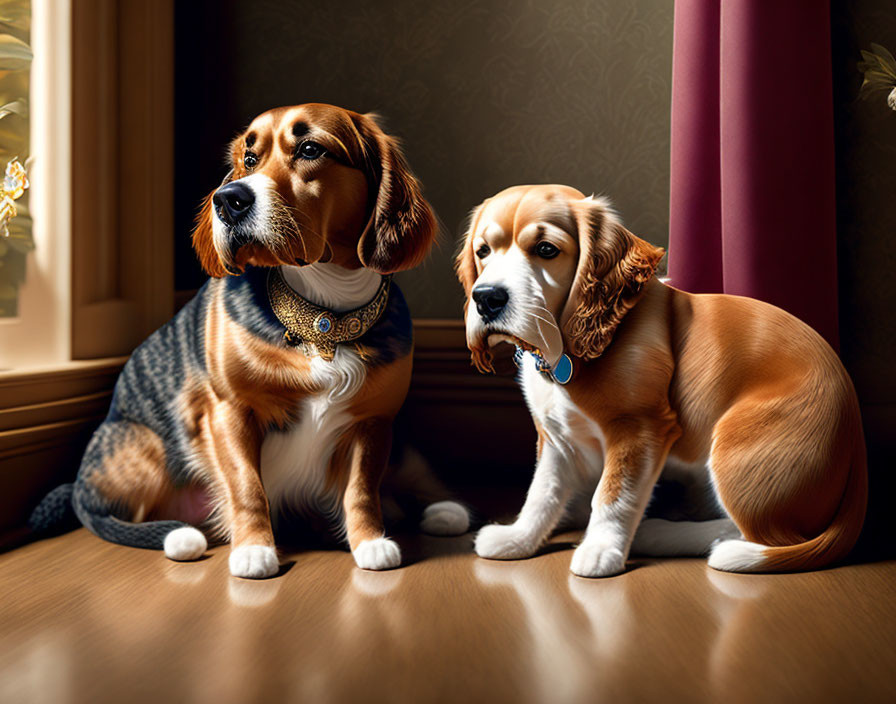 Two beagles with stylish collars indoors, one in a blue blanket, by a window.