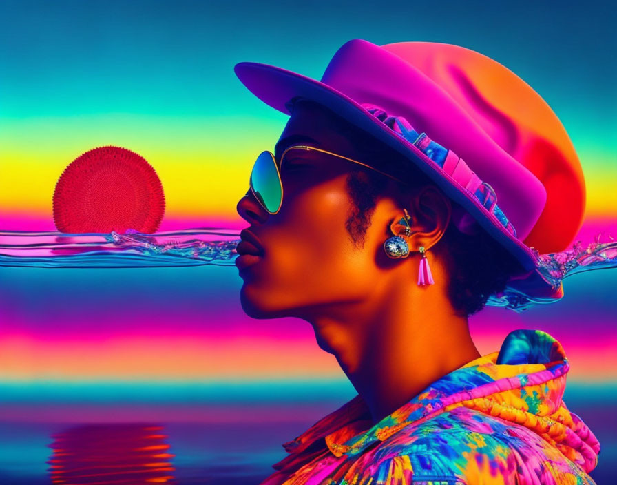 Colorful profile portrait with sunglasses and hat, surreal water ripple effect on neck.