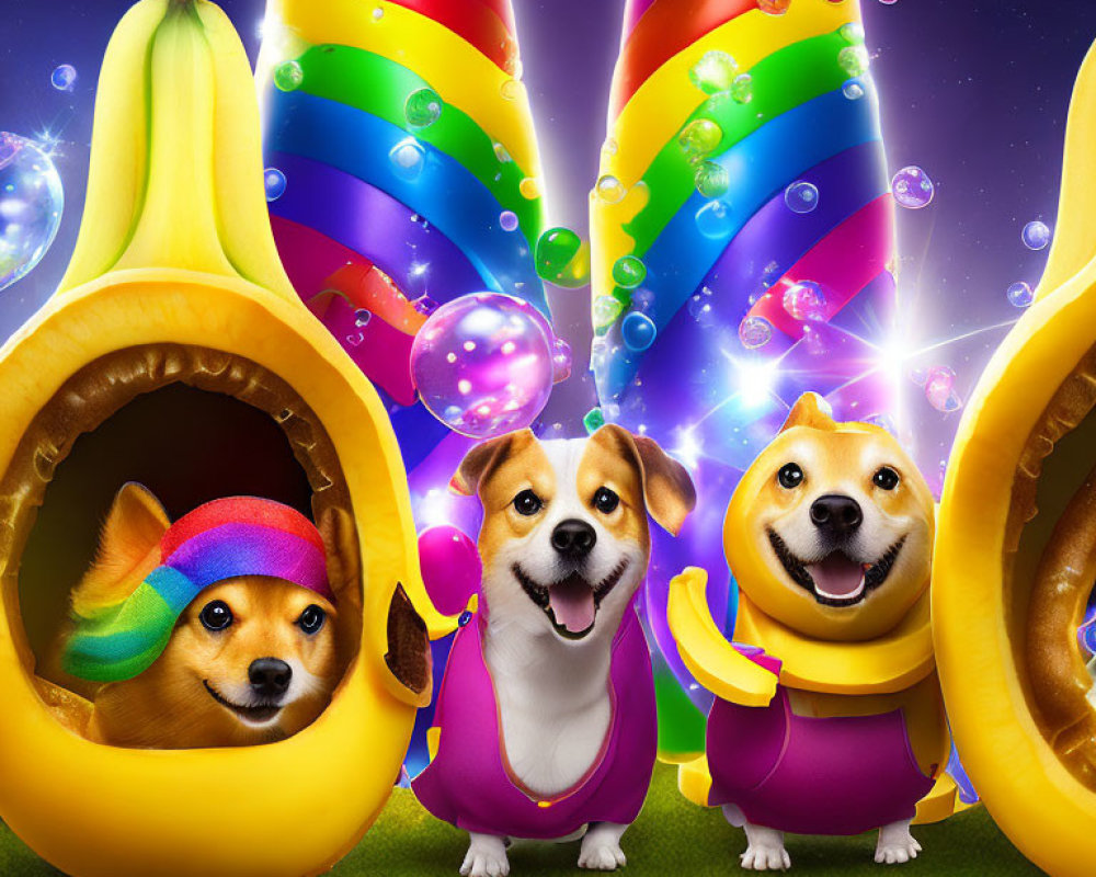 Colorful Fruit Costumed Dogs in Magical Party Scene