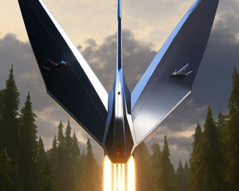 Futuristic spacecraft launching with blazing engines over sunset forest