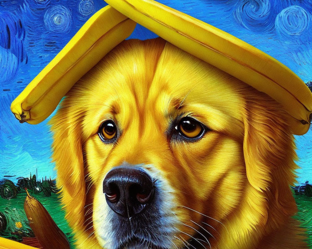 Colorful Dog Painting with Banana on Head, Starry Night Style