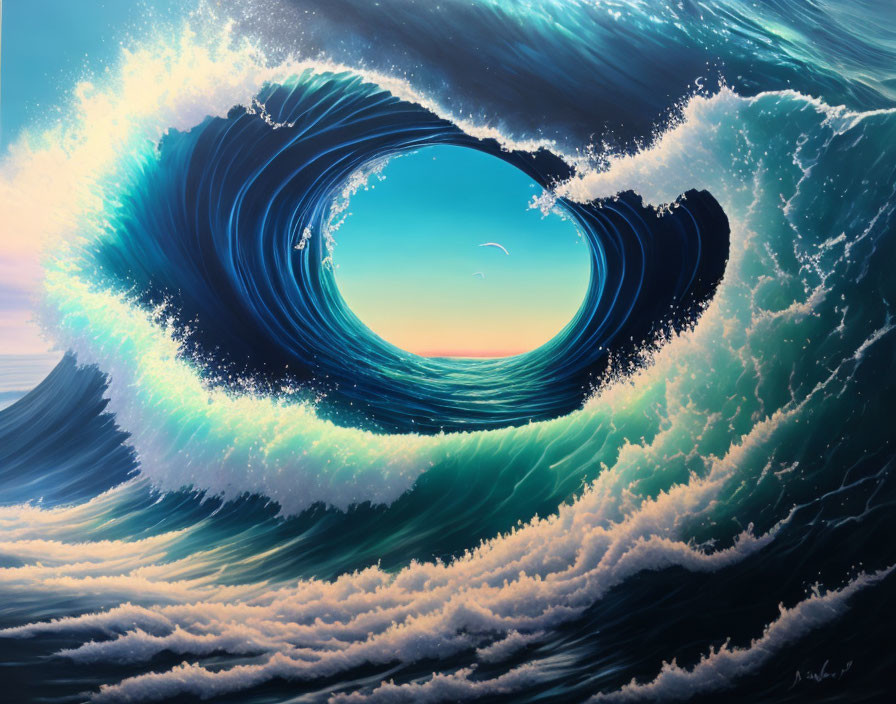 Digital painting: Massive wave forms heart shape, serene sea and sky visible.