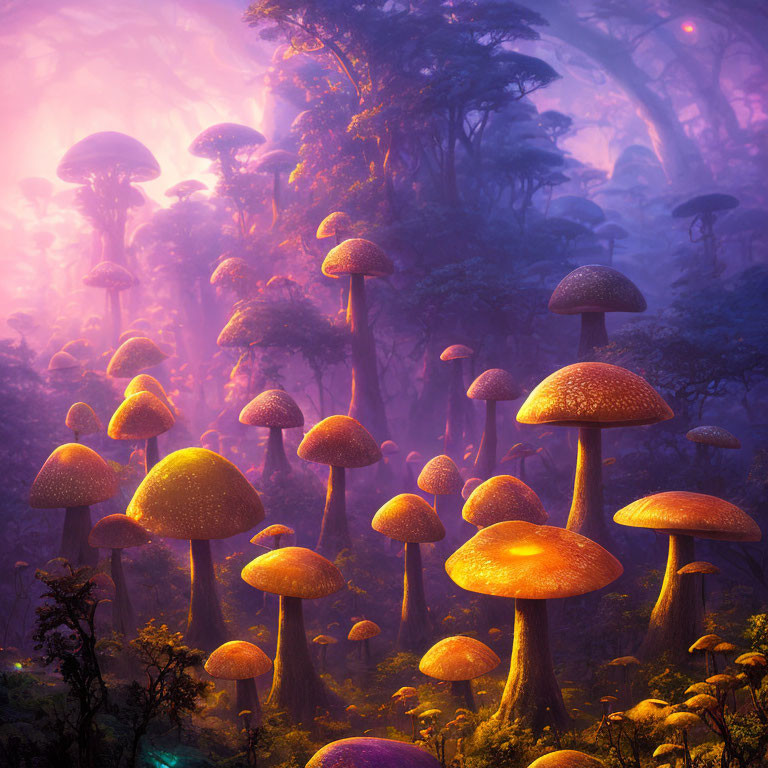 Enchanting forest with luminescent mushrooms and purple fog