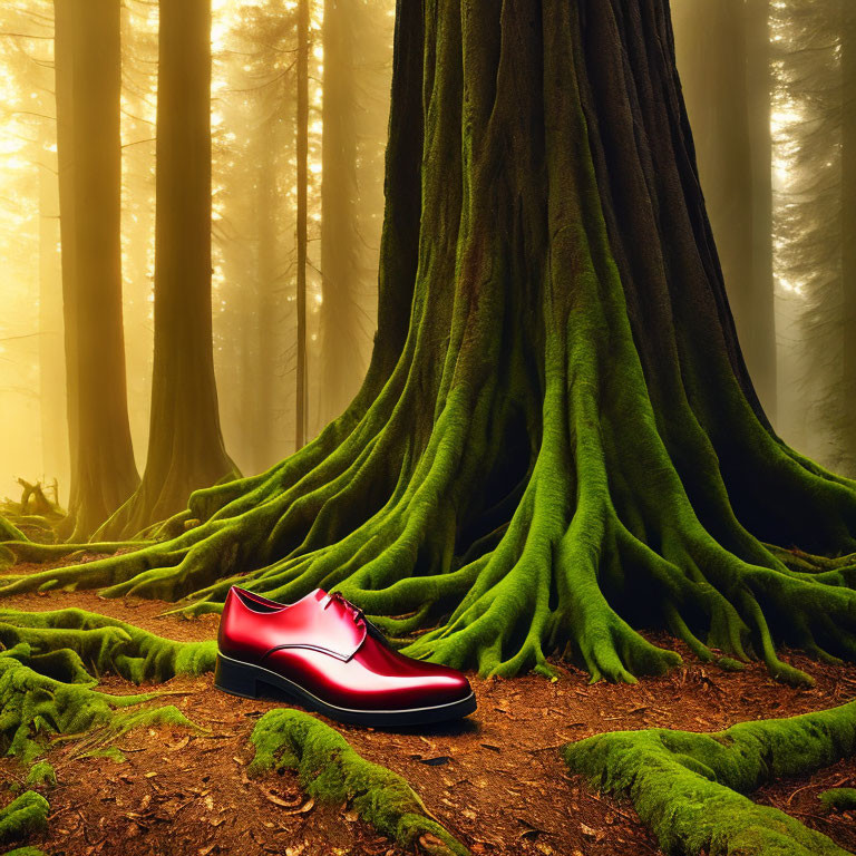Red shoe against mossy tree roots in misty forest landscape