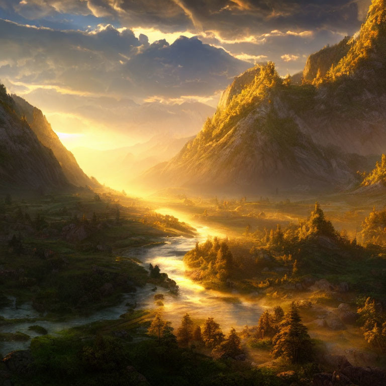 Majestic sunrise over serene river valley and rugged mountains
