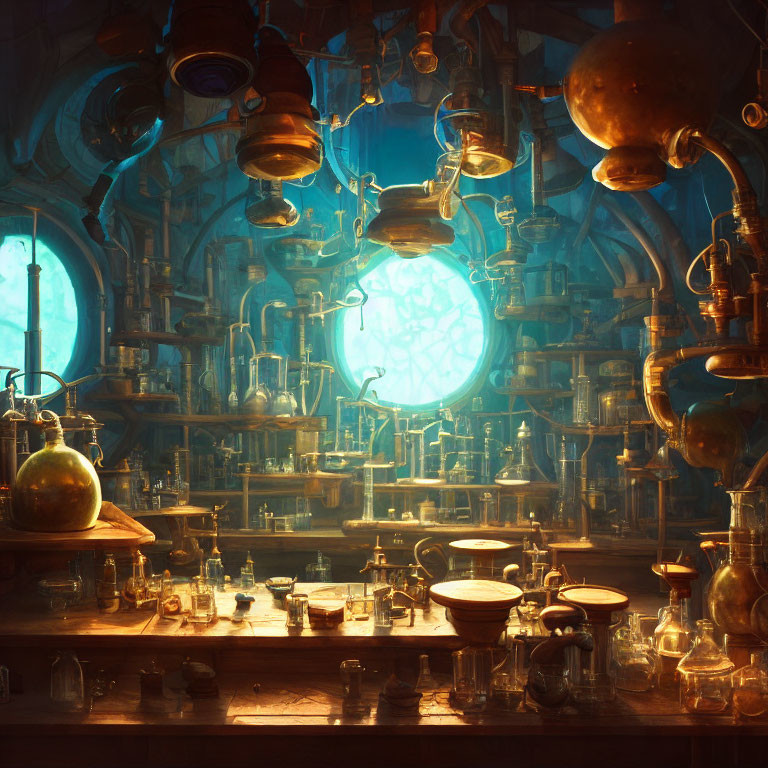 Alchemist's lab with glassware, flasks, beakers, and illuminated sphere