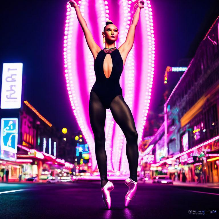Woman in Black Bodysuit Dances in Neon-Lit City Street at Night