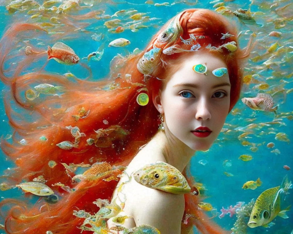 Red-haired woman submerged in water with sea elements and fish.