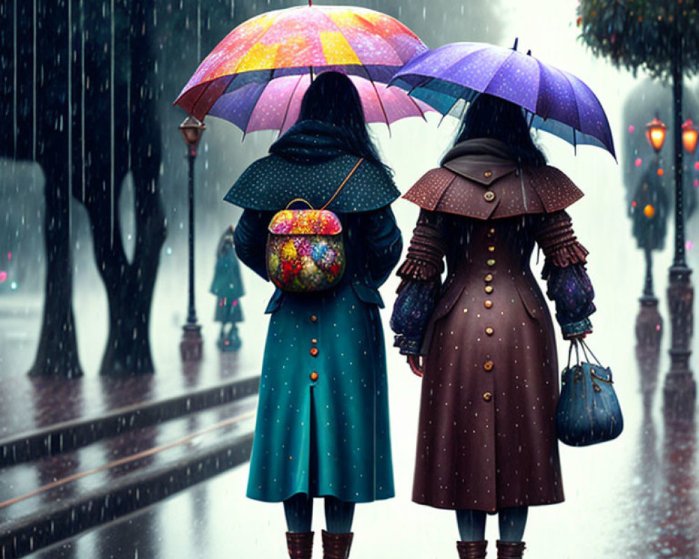 Two people with colorful umbrellas in the rain on urban walkway