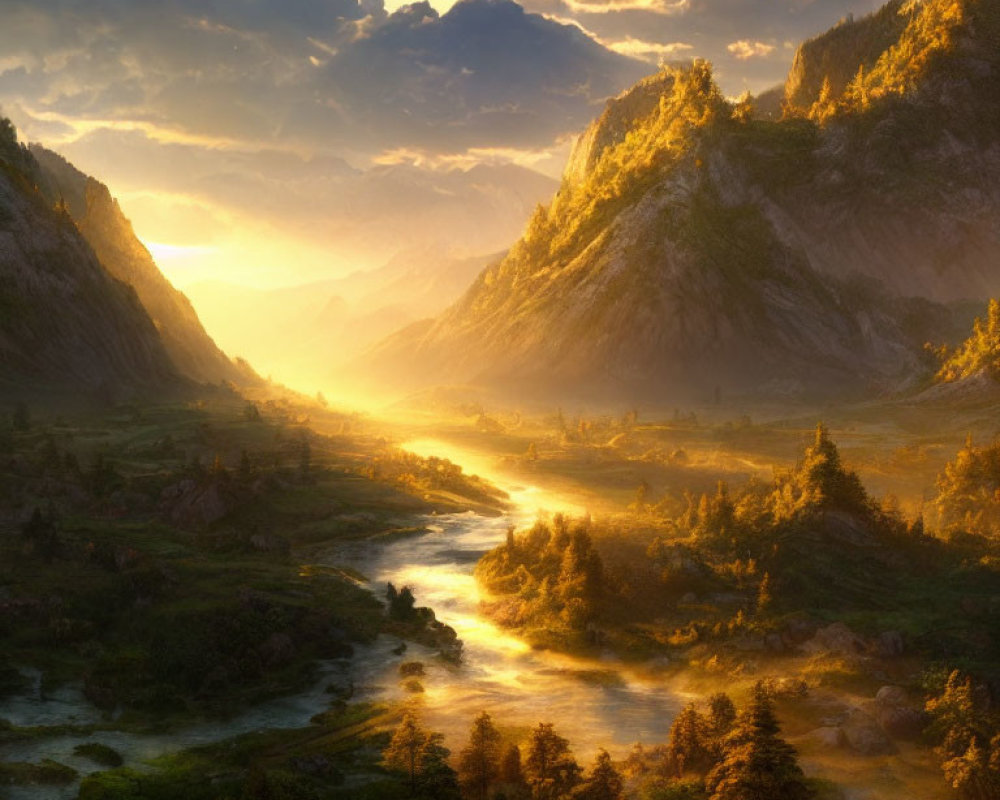 Majestic sunrise over serene river valley and rugged mountains