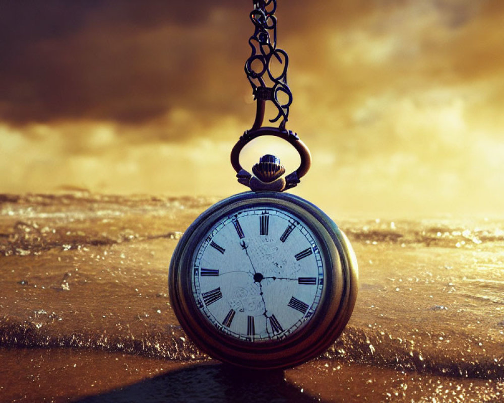Antique Pocket Watch on Chain with Ocean Sunset Background