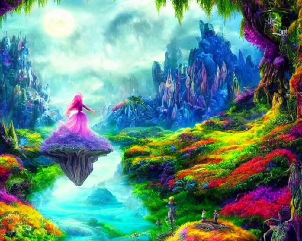 Colorful fantasy landscape with floating rock and pink-dressed figure surrounded by vibrant flora and whimsical mountains