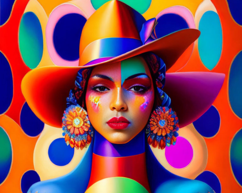 Colorful woman portrait with hat and makeup on psychedelic circle pattern